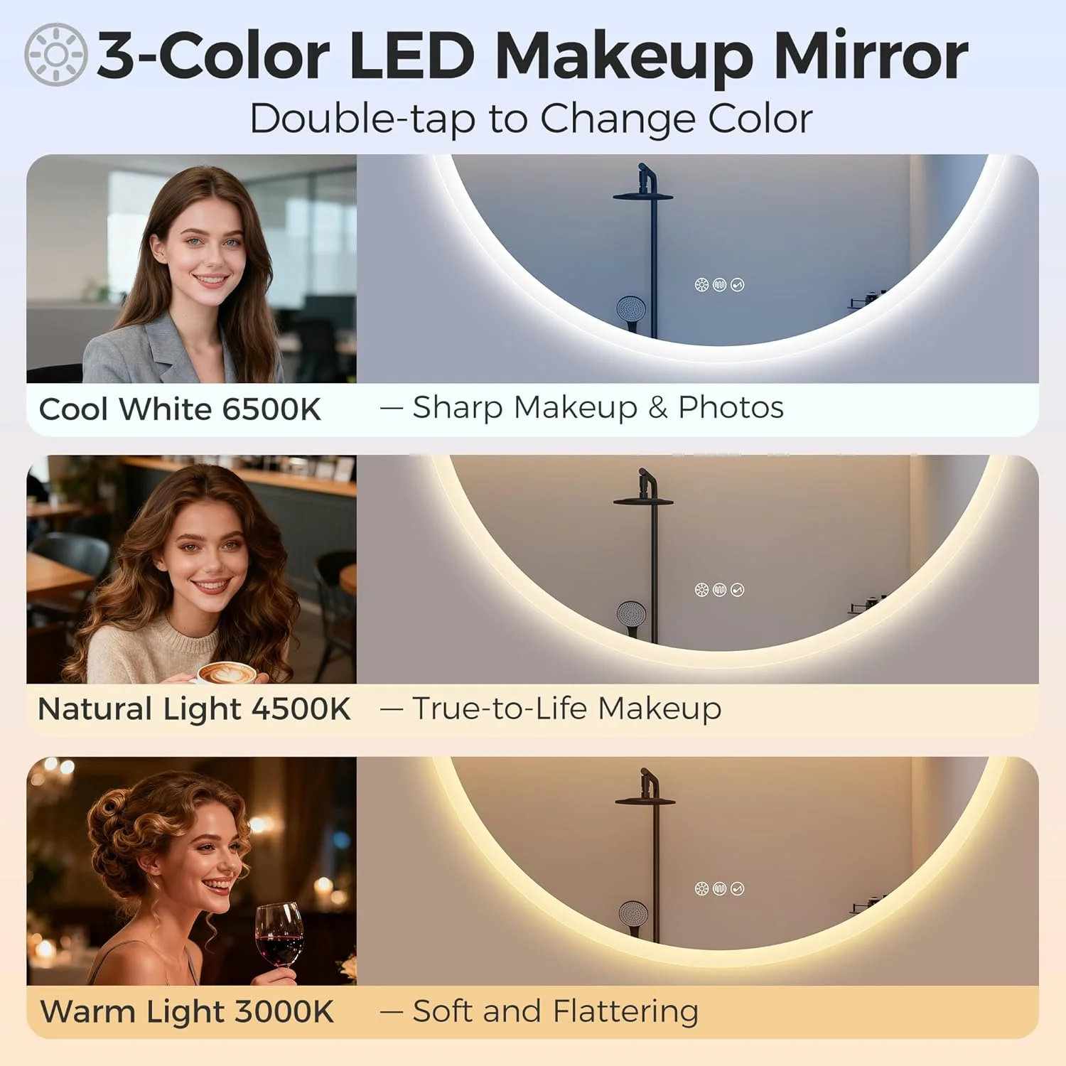 LED Anti-Fog Bathroom Mirror with Touch Dimmer 3 Modes - Image 4