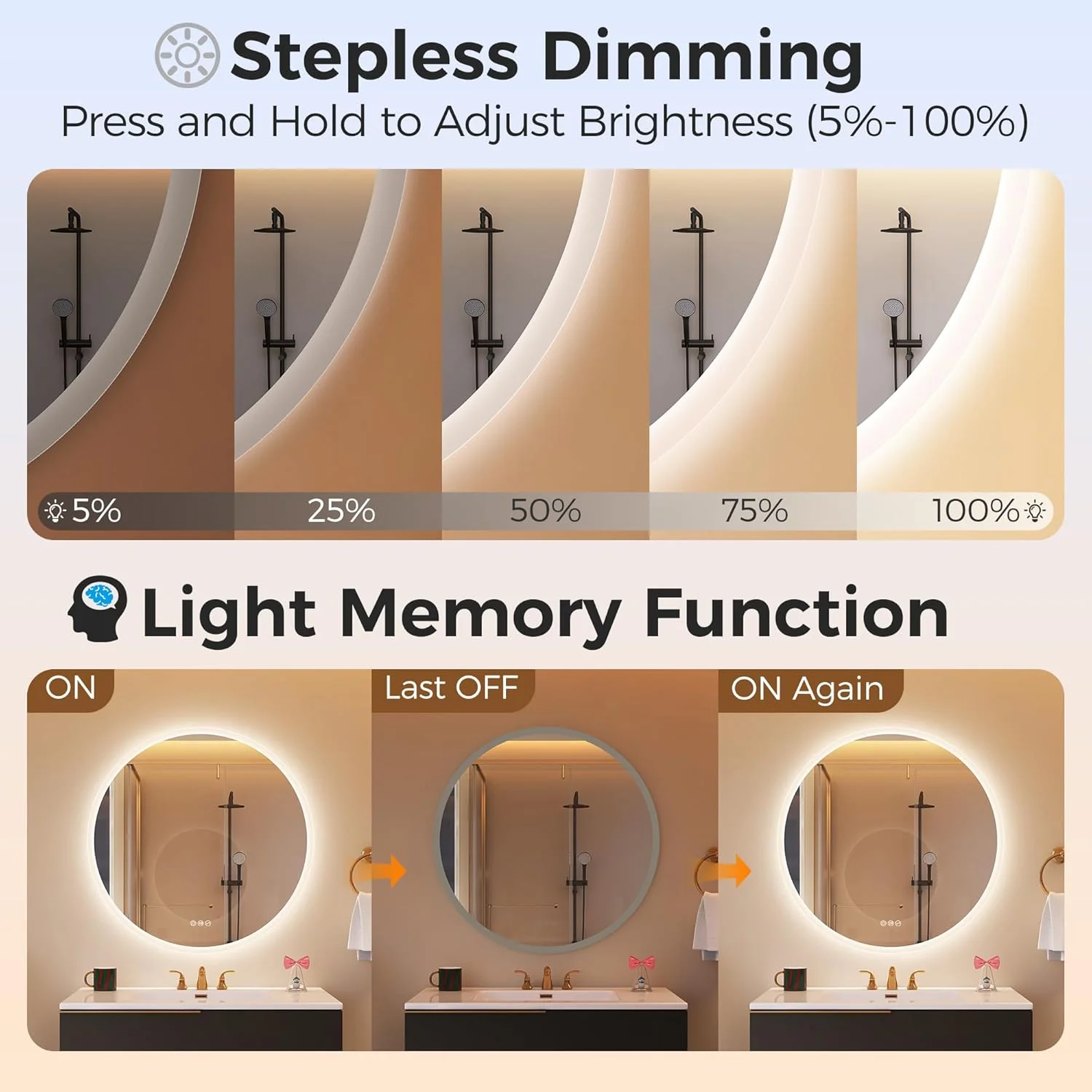 LED Anti-Fog Bathroom Mirror with Touch Dimmer 3 Modes - Image 3